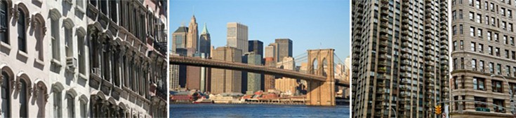 Greenwich Village Multifamily Buildings, Lower Manhattan Skyline and Brooklyn Bridge, Flatiron Building in Manhattan
